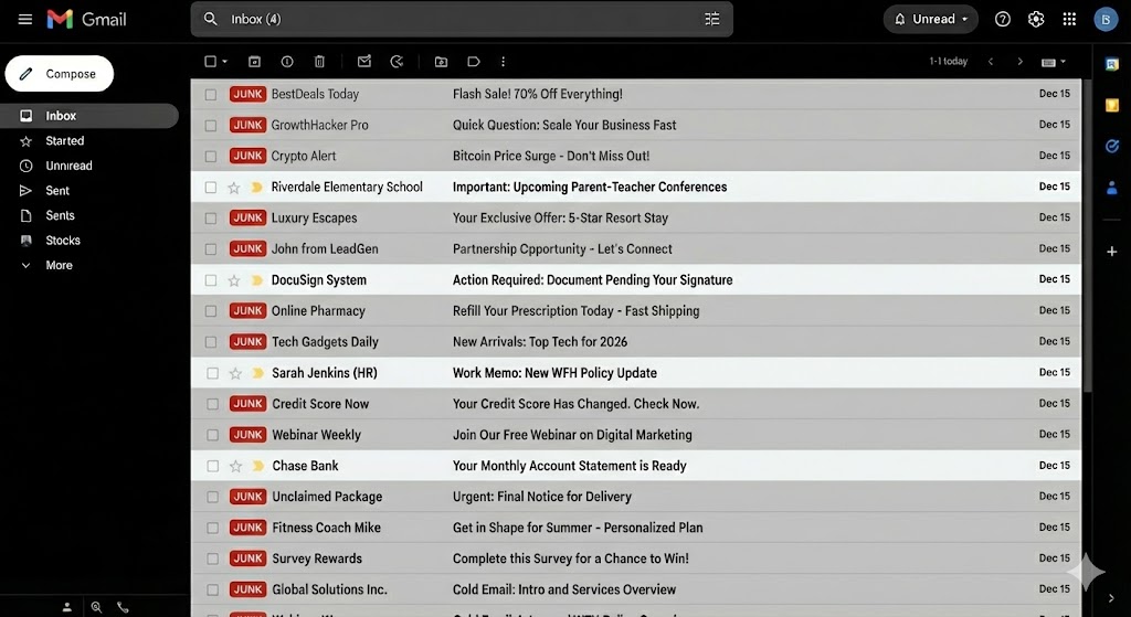 Gmail inbox with junk emails labeled and filtered