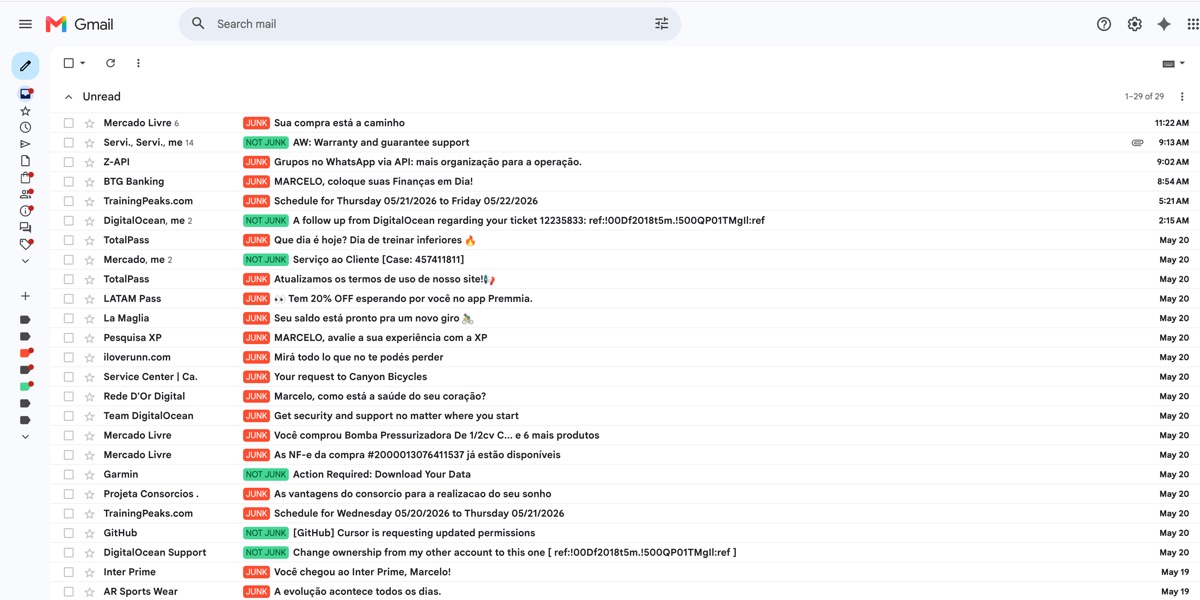 Gmail inbox with junk emails automatically labeled JUNK